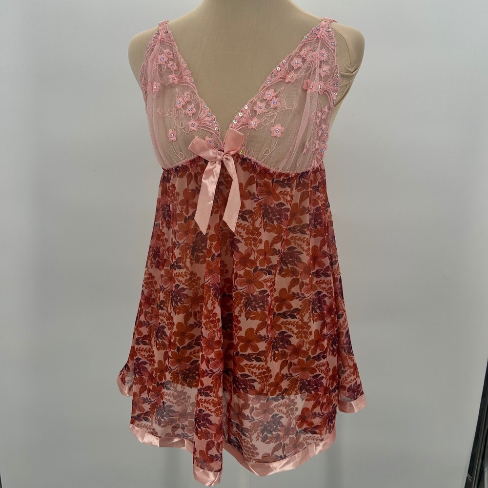 Pink Floral Mesh Babydoll Chemise Lace Sequin Lingerie Nightie Large 2650BD-1